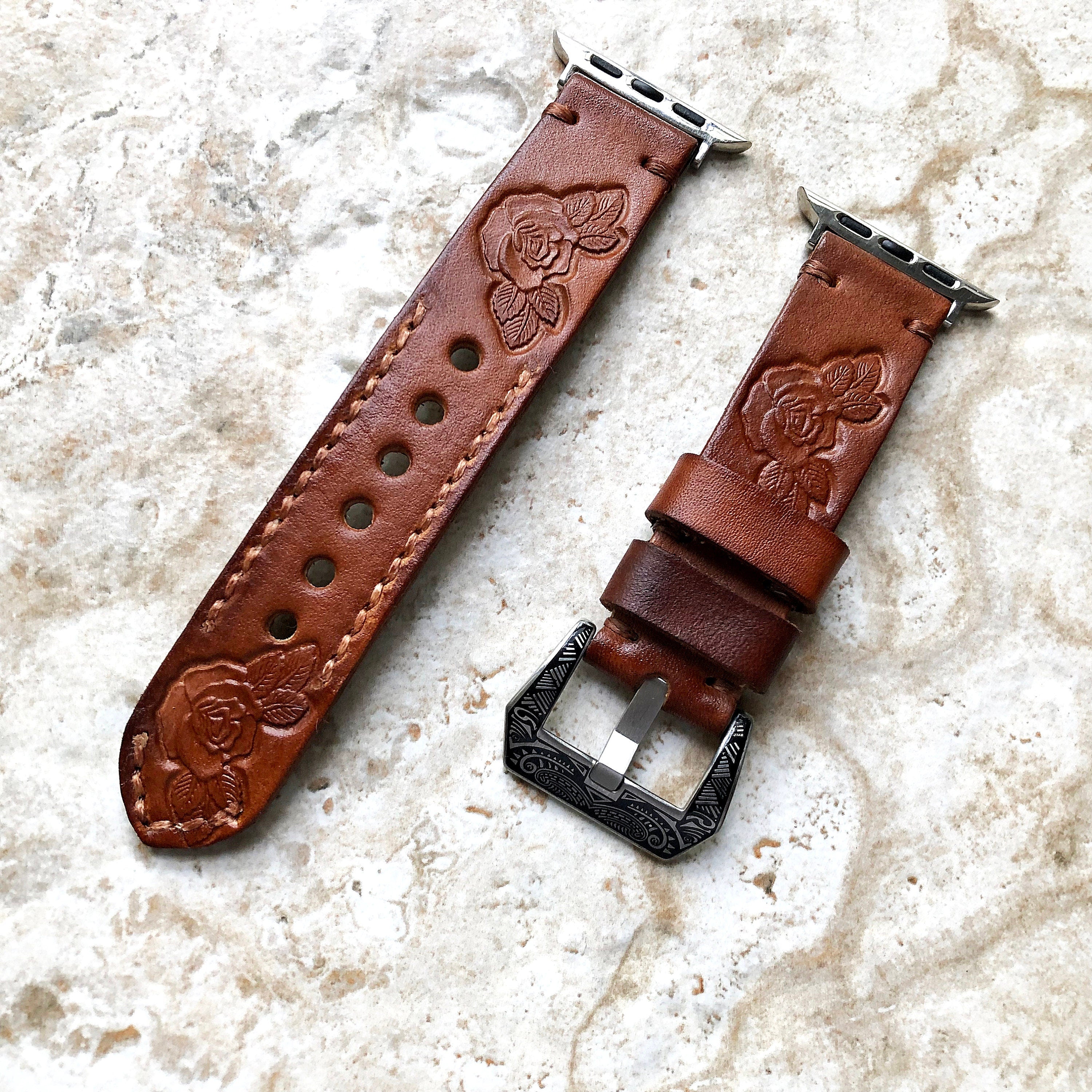 Apple Watch Rose with Leafs Tooled Embossed Handmade Dark Brown Leather Band Strap for iWatch Ultra 2 49mm and 9 8 Series 41mm 45mm Case